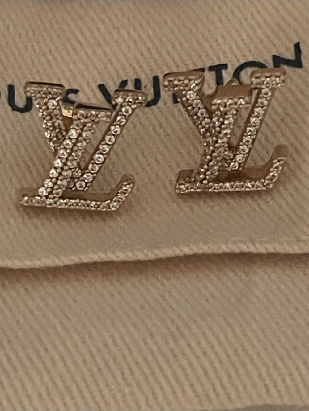 Louis Vuitton Gold Crystal-Embellished LV Logo Stud Earrings
